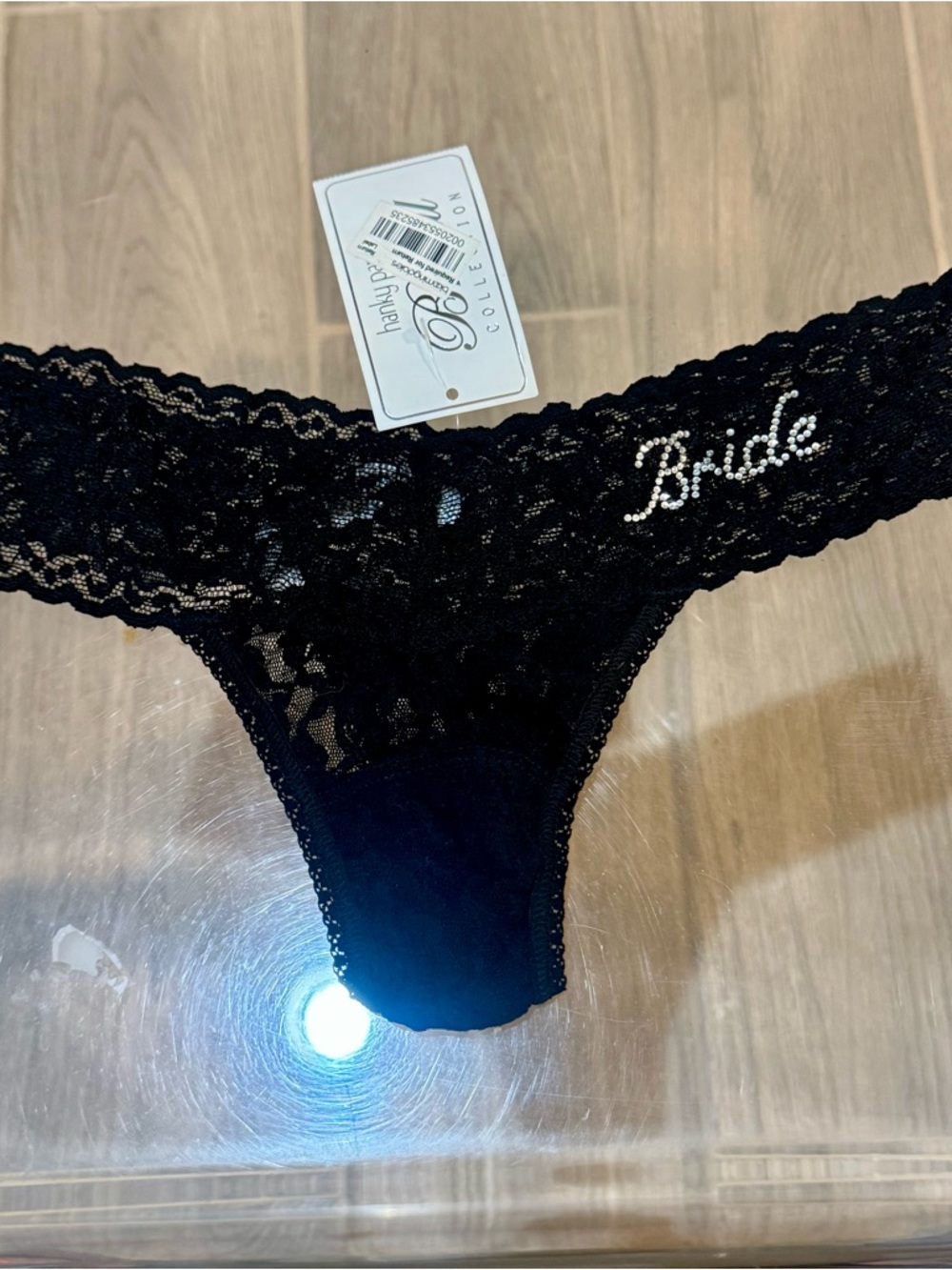 Hanky Panky Black 'Bride' Rhinestone Lace Thong